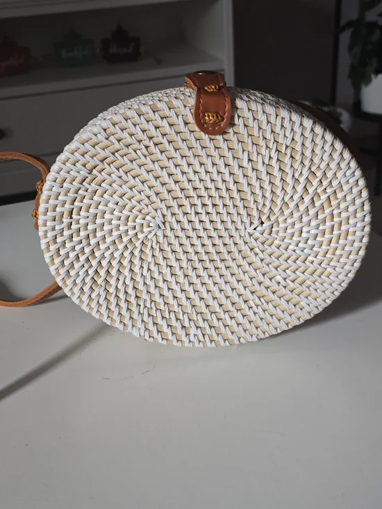 Woven Round Crossbody Bag in White and Tan - Picture 4 of 6